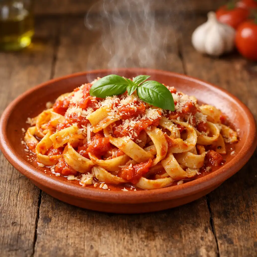Ręcznie robione tagliatelle z sosem pomidorowym, bazylią i parmezanem