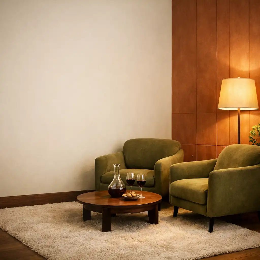 Kącik lounge w Zavoqeri z wygodnymi fotelami, stolikiem i lampą podłogową