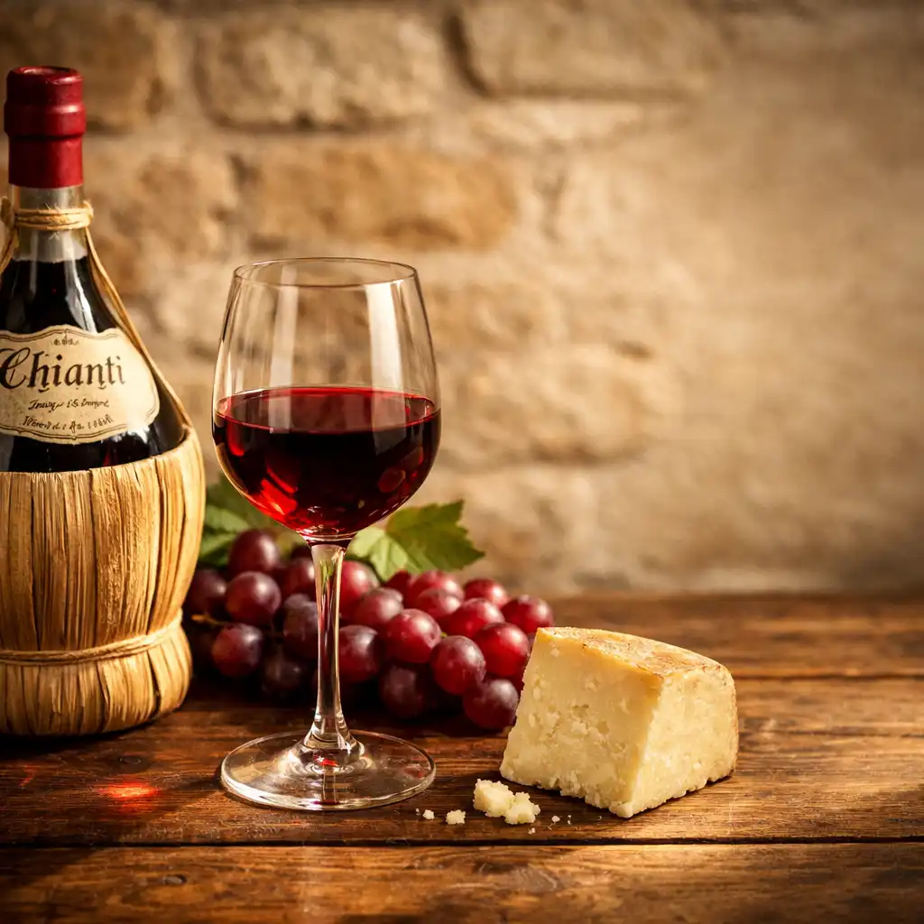 Butelka wina Chianti i kieliszek czerwonego wina na drewnianym stole
