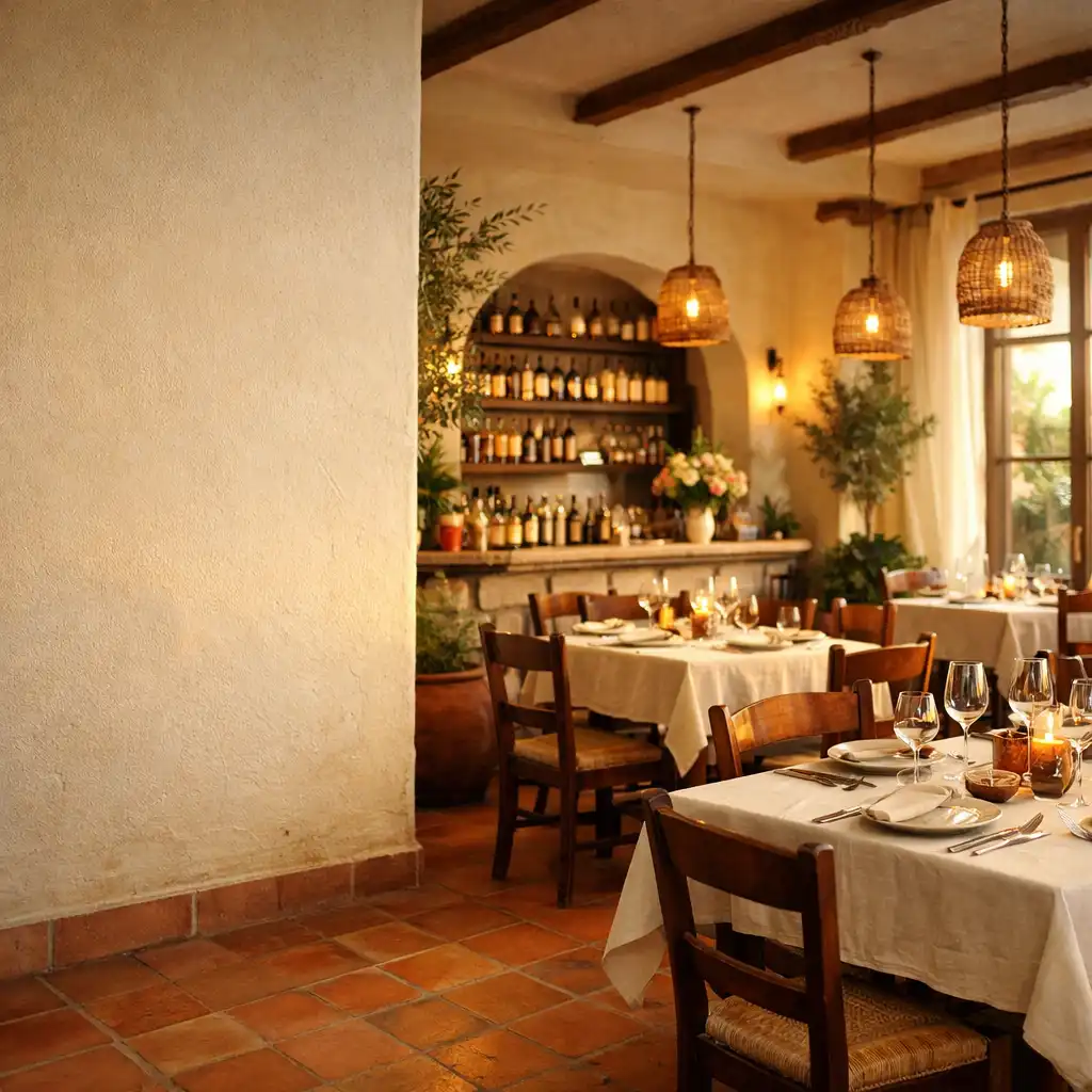 Wnętrze restauracji Zavoqeri z ciepłym światłem, drewnianymi stołami i terakotowymi akcentami