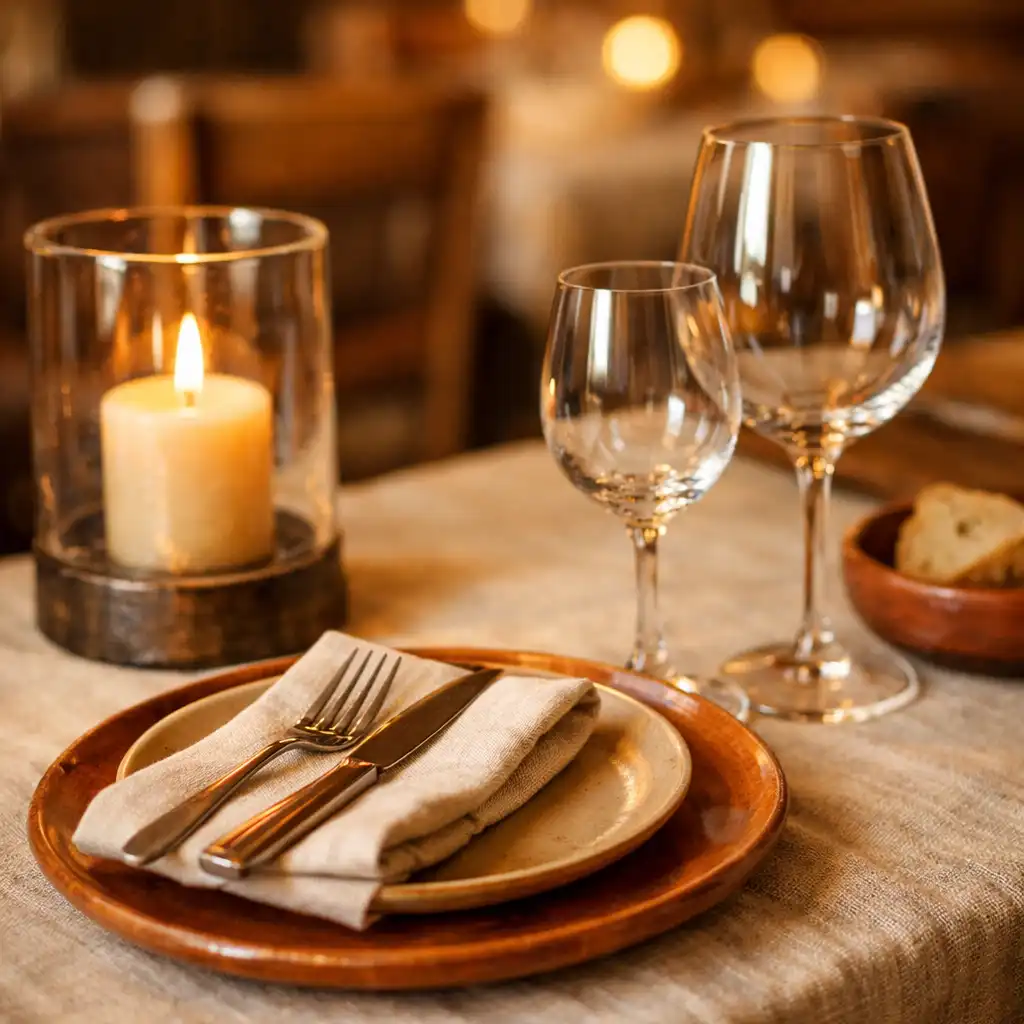 Stół w restauracji Zavoqeri z lnianym obrusem, ceramicznymi talerzami i świecą