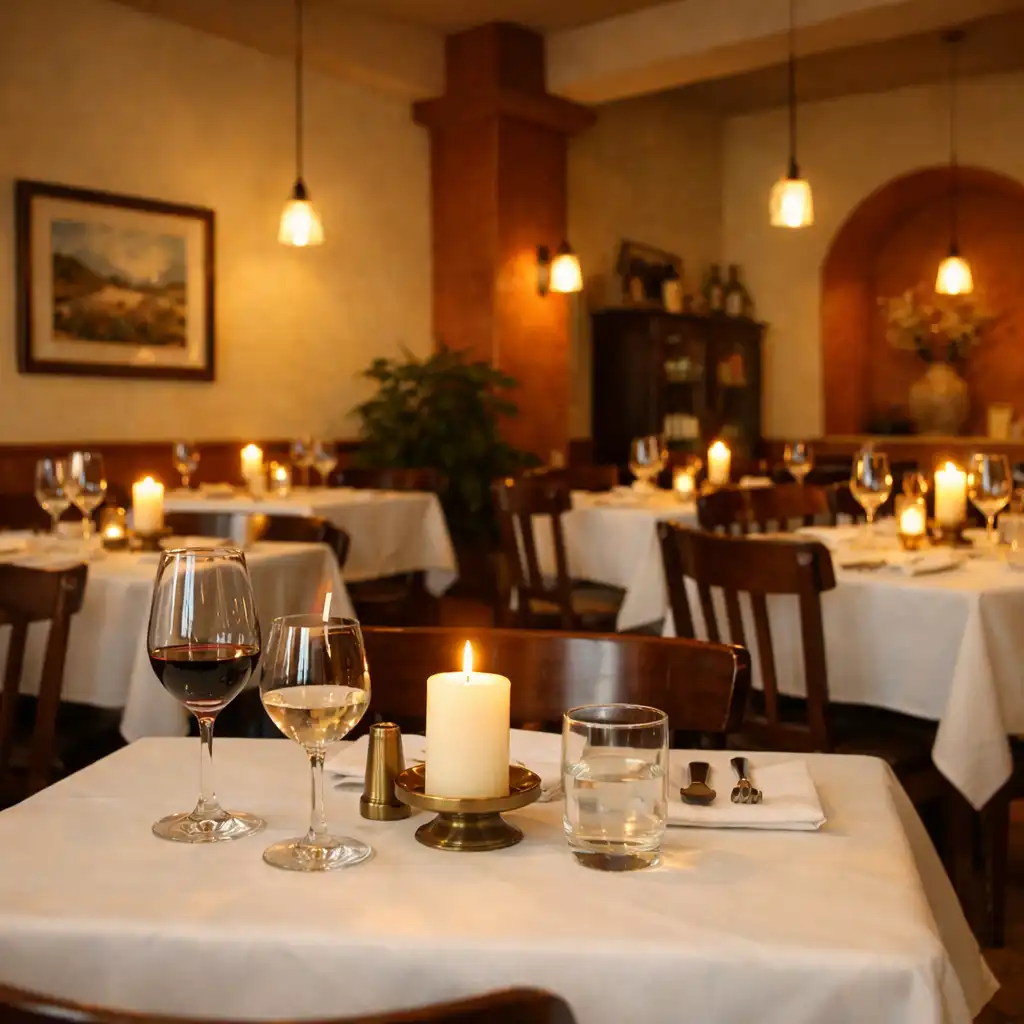 Główna sala restauracyjna Zavoqeri z nakrytymi stołami i ciepłym oświetleniem