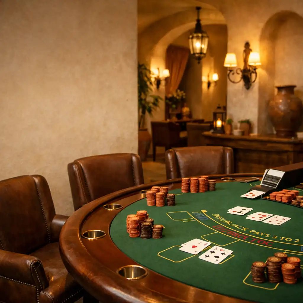 Elegancki salon kasyna offline z fizycznym stołem do blackjacka, ciepłe oświetlenie i skórzane fotele
