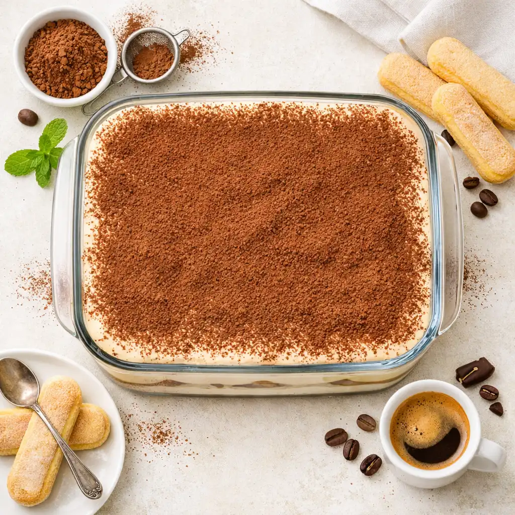 Klasyczne tiramisu w szklanym naczyniu posypane kakao