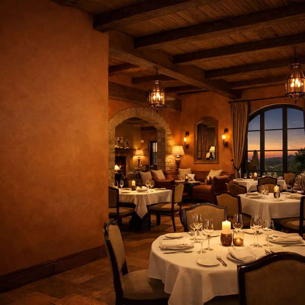 Eleganckie wnętrze Zavoqeri Ristorante & Lounge o zmierzchu, z ciepłymi terakotowymi ścianami i nakrytymi stolikami